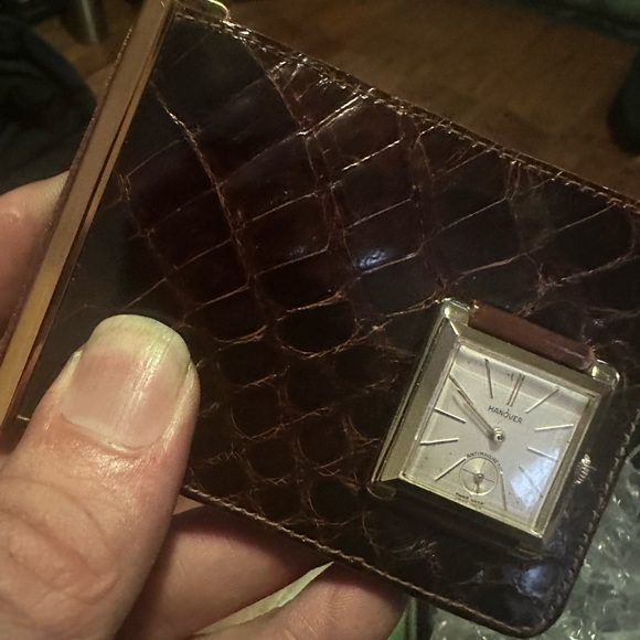 VINTAGE WALLET BILLFORD CARD HOLDER WITH HANOVER (SWISS) WATCH GENUINE ALLIGATOR - Picture 1 of 13